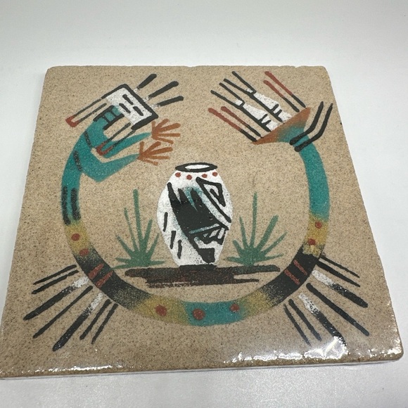 Vintage signed Hopi sand art tile signed Native American Southwest Rainbow God 6 - Picture 1 of 7